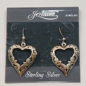 NWT Vintage Jezlaine Large Sterling Silver Open Filigree Dangle Heart Earrings